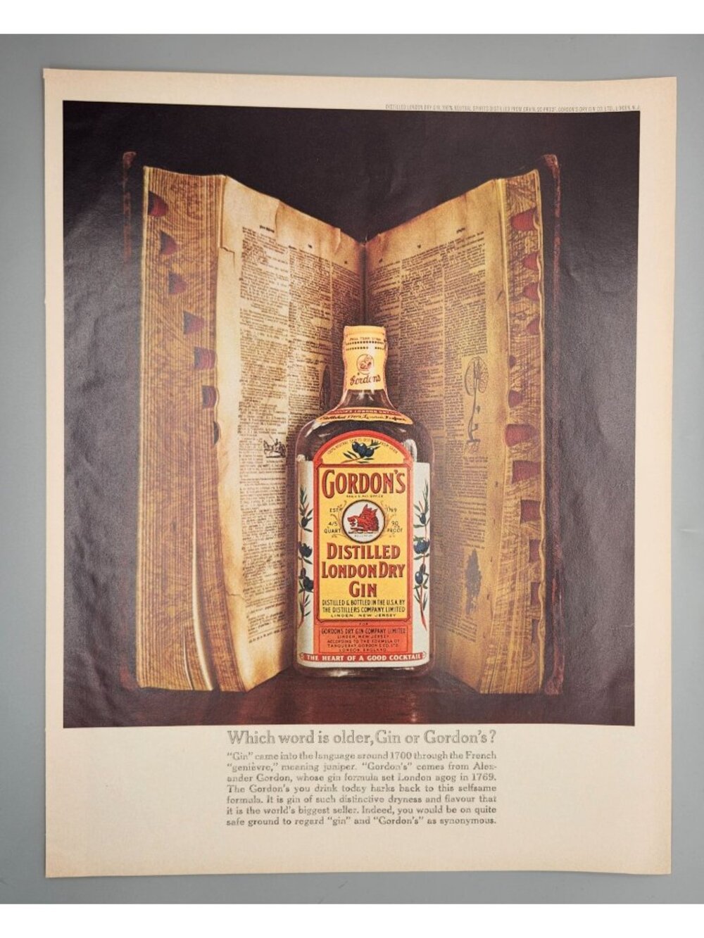 Vintage Gordons Gin Distilled London Dry Print Ad 10.5x13 Inch Retro Bar Decor D